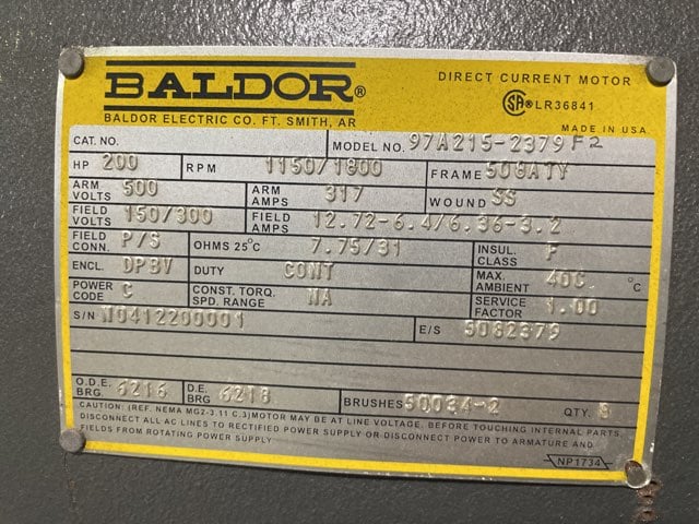 200 HP 1200 RPM Baldor, Frame 506/8AT, DPFVBB, 500 VA, 300/150 VF - Image 3