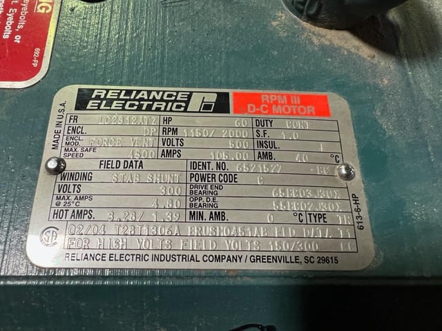 60 HP 1200 RPM Reliance, Frame LC2812ATZ, DPFVBB, 500 VA, 300/150 VF, New Surplus - Image 3
