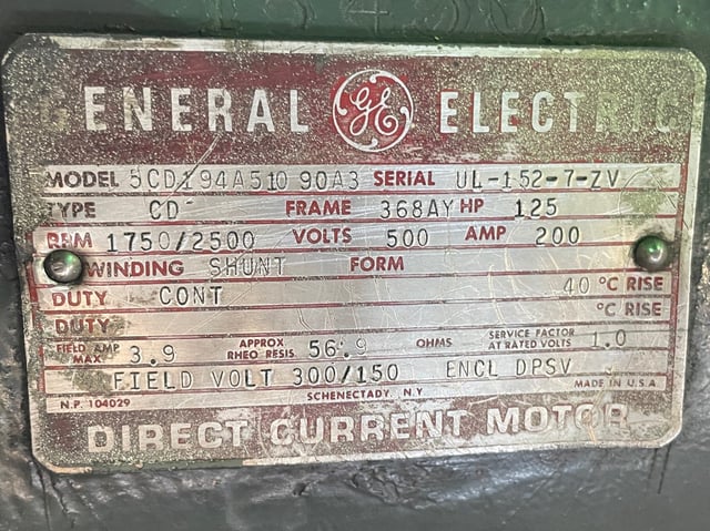 125 HP 1800 RPM General Electric, Frame 368AY, DPFVBB, 500 VA, 300/150 VF - Image 3