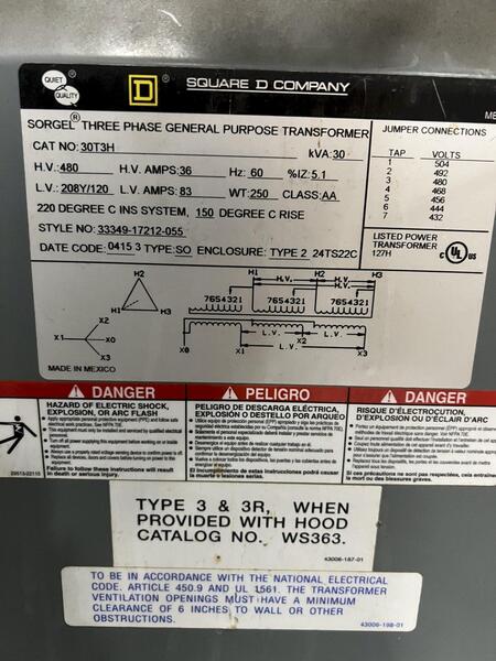 30 KVA 480 Primary, 208Y/120 Secondary, Square D 30T3H, transformer - Image 2