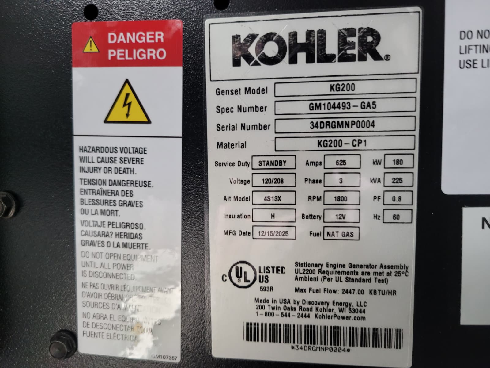 200 KW Kohler Rehlko #KG200, Natural gas / LPQ generator set, 120/208 Volts, 3-phase, 1800 RPM, KG10V08T-6DGS - Image 9