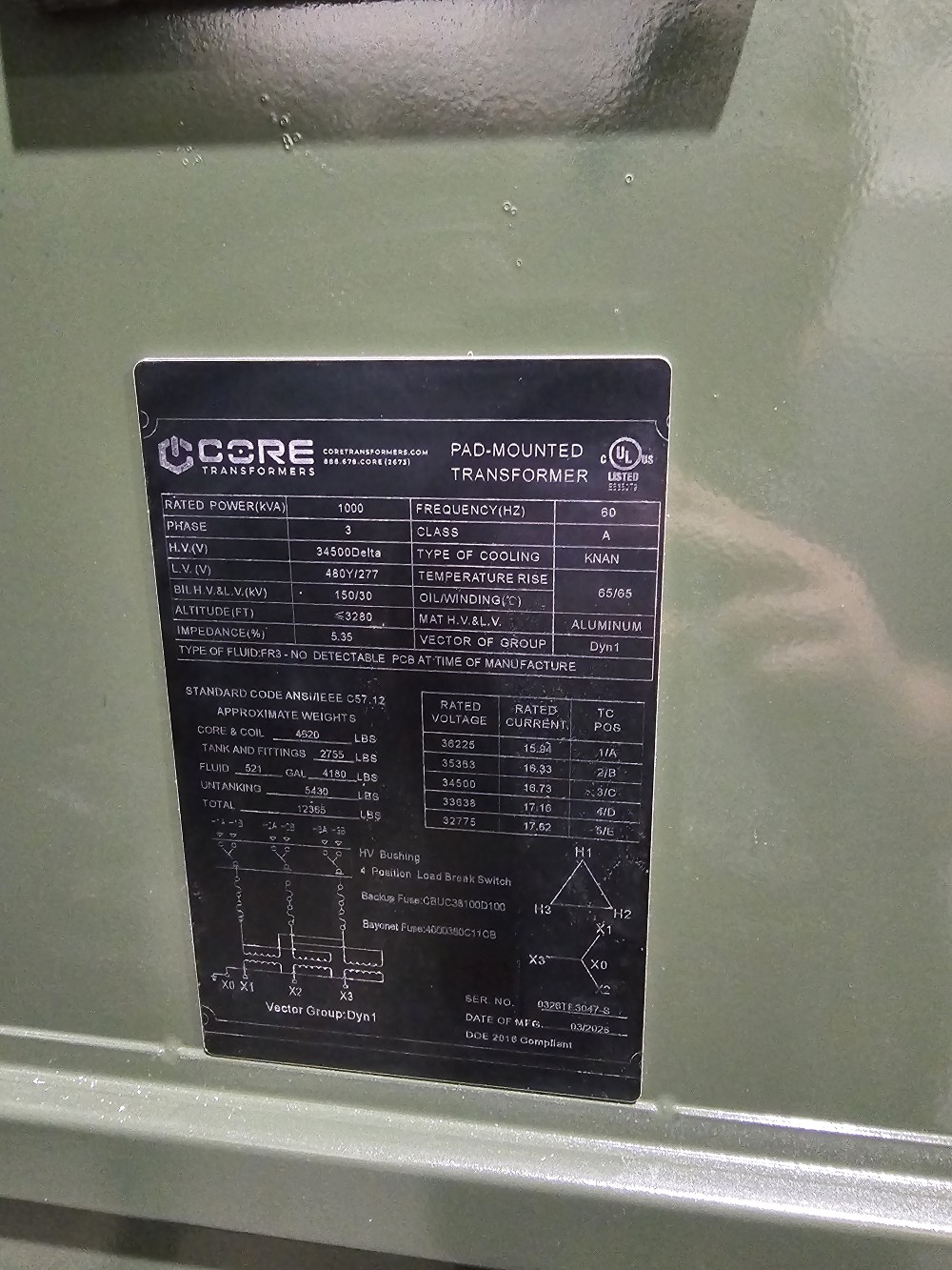 1000 KVA 34500 Delta Primary, 480Y/277 Secondary, PAD, proCORE, (immediate shipment available) - Image 1