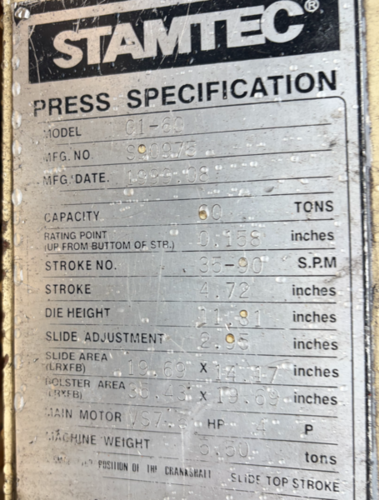 66 Ton, Stamtec #G1-60, Single Crank Gap Frame Mechanical Press, 11.81" die height, 4.72" stroke, 2.95" slide - Image 2