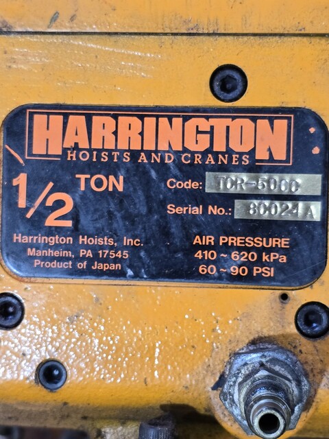 .5 Ton, Harrington #TCR-500C, Pneumatic Air Hoist, 60-90 PSI, 410-620 kPa - Image 4