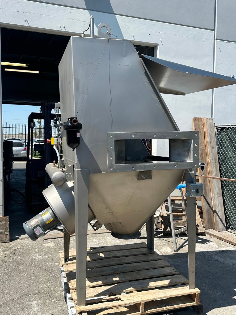 Stainless Steel Bag Break Station, heavy duty, with attached mild steel bag compactor - Image 1