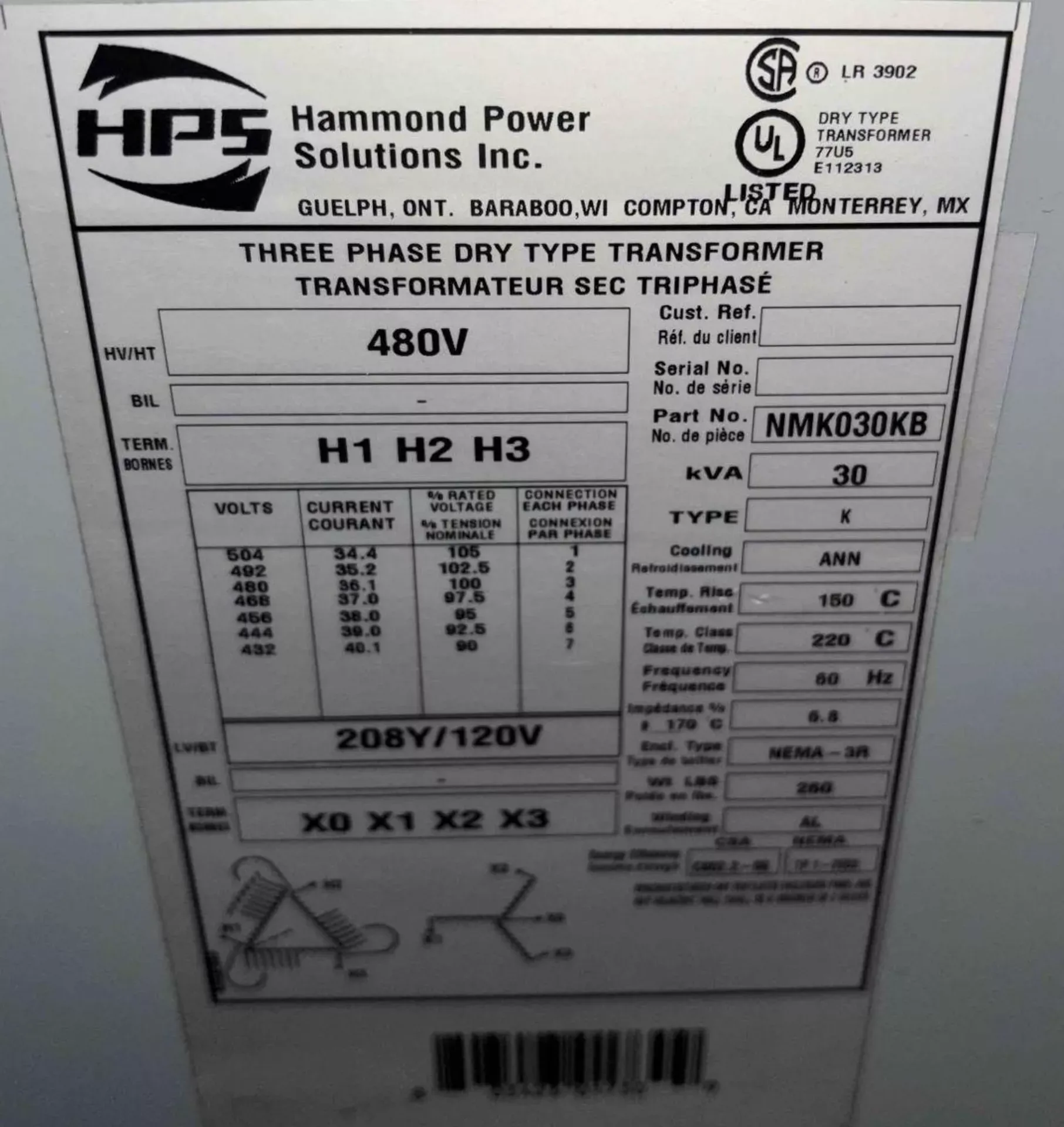 30 KVA 480 Primary, 208Y/120 Secondary, Hammond Power Solutions, transformer - Image 2