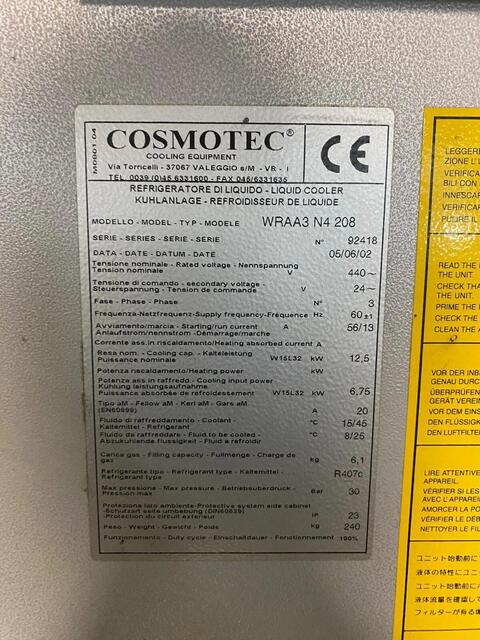 3.5 Ton, Cosmotec #WRAA3-N4-208, Industrial Air-Cooled Liquid Chiller, 12.5 kW, R407C refrigerant, 30 bar - Image 2
