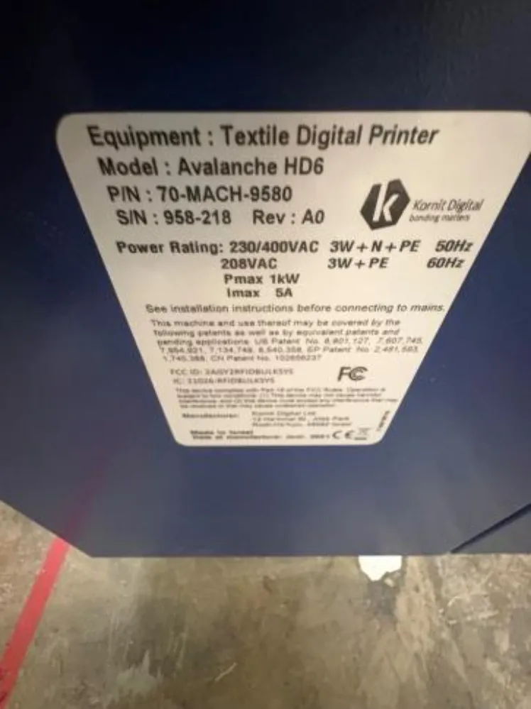 Kornit #Avalanche-HD6, Textile Digital Printer, 230/400 VAC - Image 8