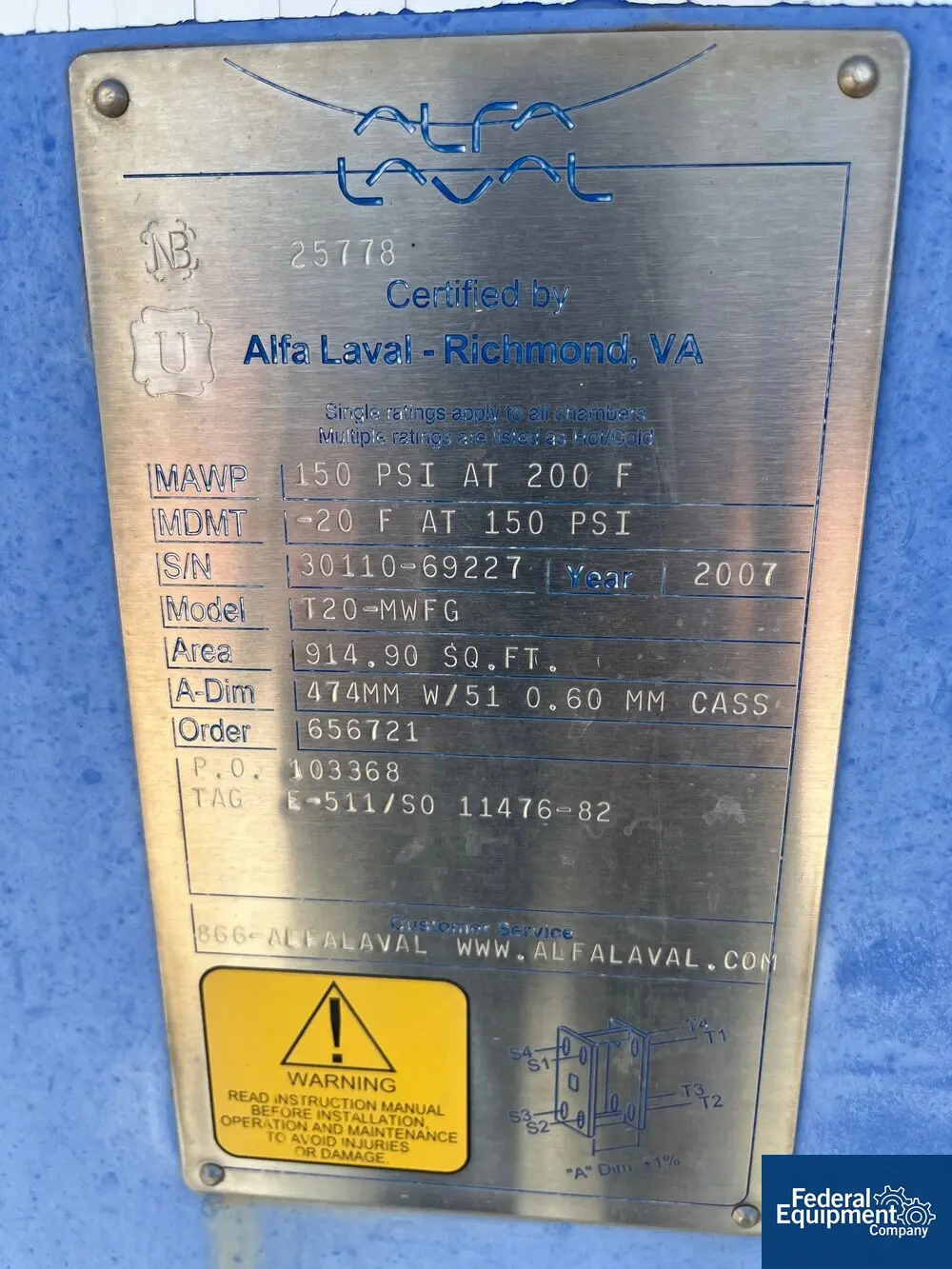 914 sq.ft. Alfa Laval #T20-MWFG, Plate Heat Exchanger, Stainless Steel, 150 psi, unused, 2007 - Image 2