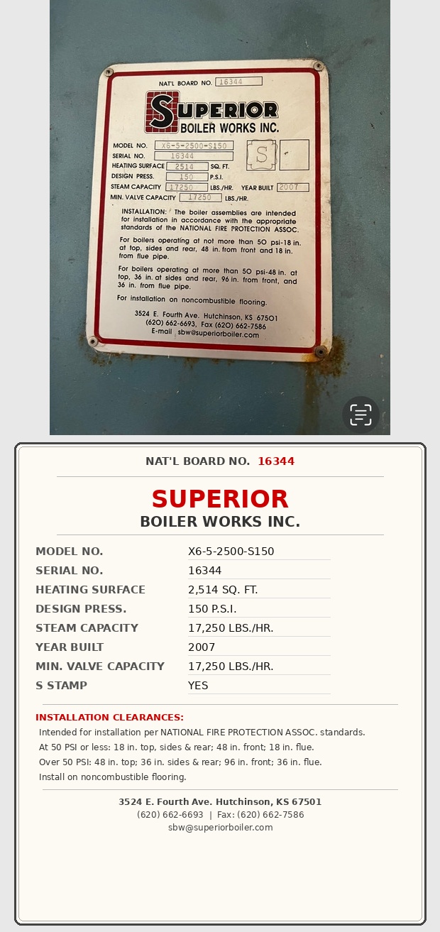 500 HP Superior #X6-5-2500-S150, Steam Boiler, IC Burner, 150 PSI, 2514 sq.ft., skid mount, 2007 - Image 2