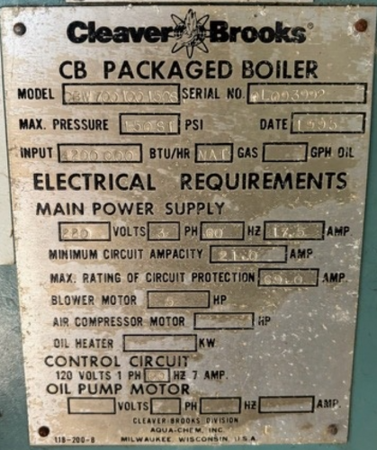 100 HP Cleaver-Brooks #CBW-700-100-150-ST, Steam Boiler Natural Gas, 150 PSI, 500 sq.ft., 4200K BTUH, 48" dia - Image 2