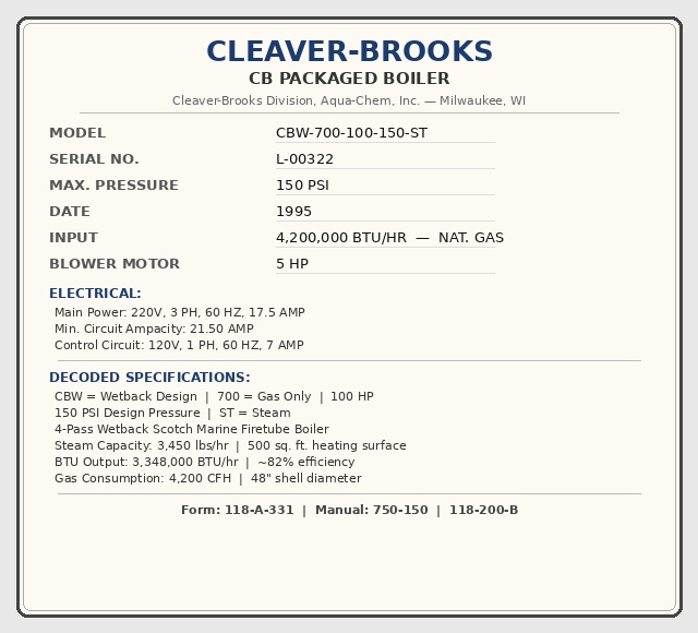 100 HP Cleaver-Brooks #CBW-700-100-150-ST, Steam Boiler Natural Gas, 150 PSI, 500 sq.ft., 4200K BTUH, 48" dia - Image 3