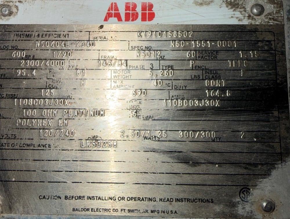600 HP 1790 RPM ABB, Frame N5012, TEFC, BB, 2300/4000 V, offered electrically OK or rblt. w, warranty - Image 1
