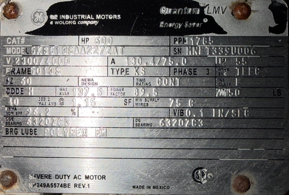 600 HP 1785 RPM General Electric, Frame 5013S, TEFC, BB, 2300/4000 V, offered electrically OK or rblt. w - Image 1