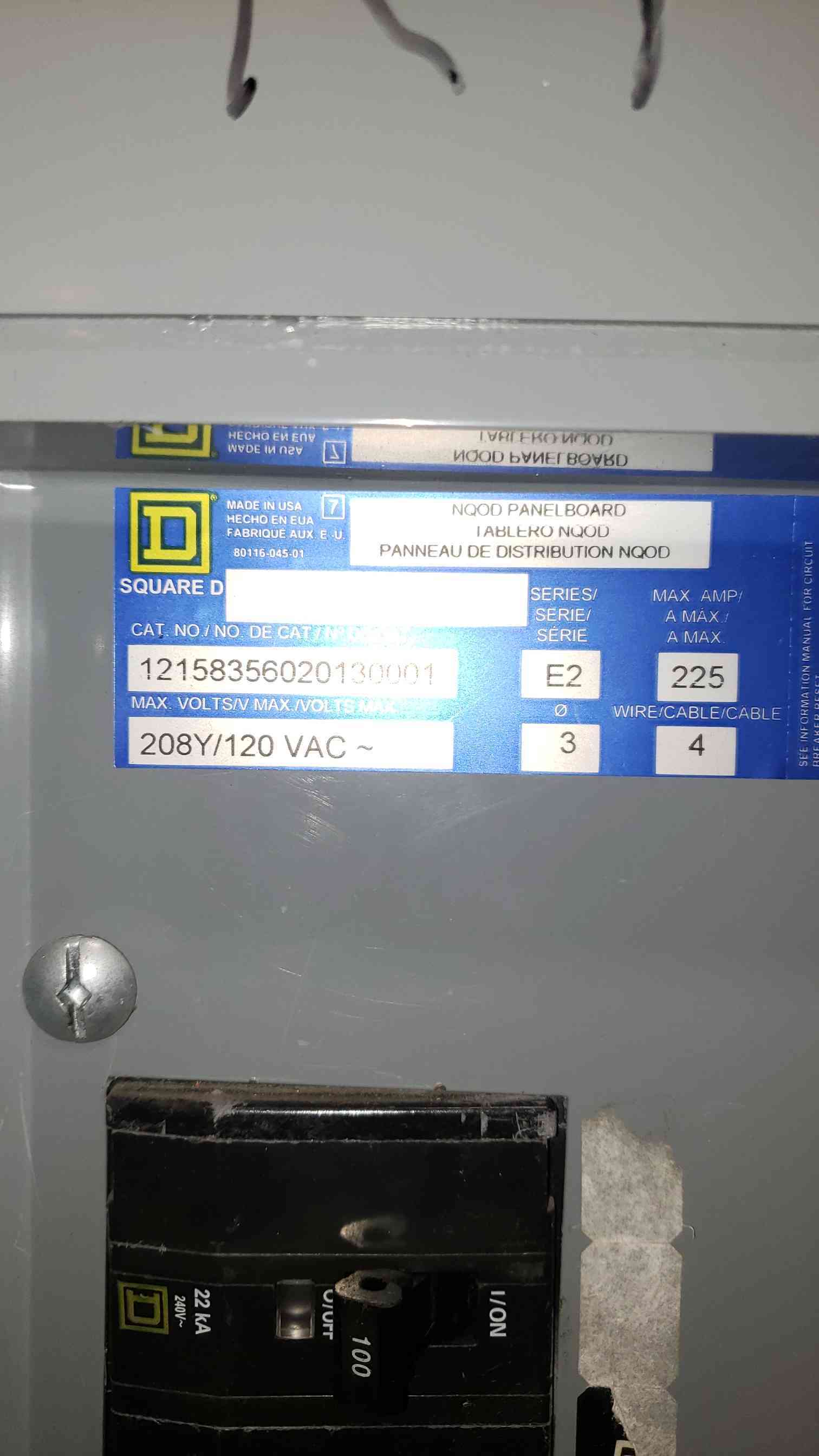 225 Amp, Square D #NQOD, Complete Panelboard, MHC44SHR Hinged Trim, 208 Volts, w/ main, type 1 enclosure - Image 5