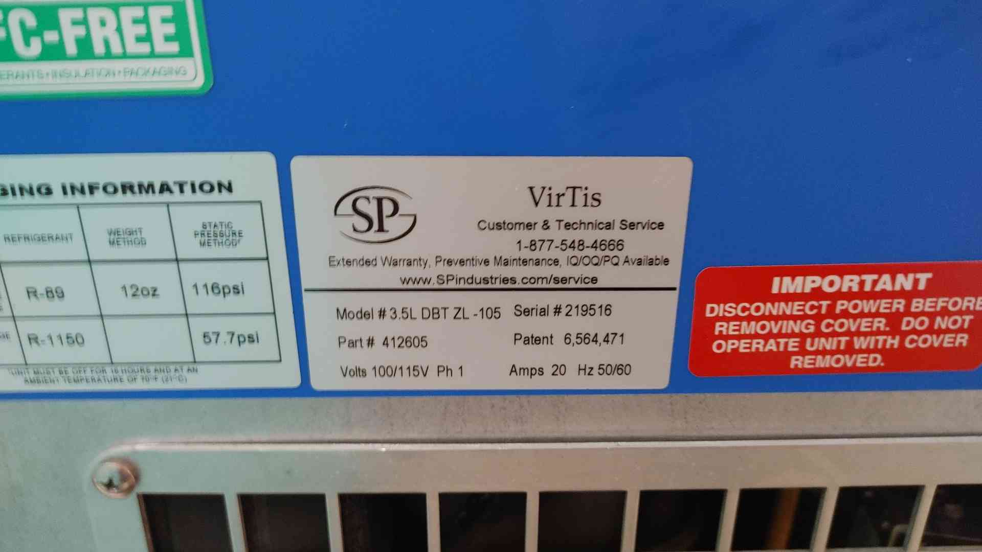 VirTis Lyo-Centre #3.5L-DBT-ZL-105, Lyphilizer, 100/115 V., 1PH, 20A, R-89, R-1150 - Image 4