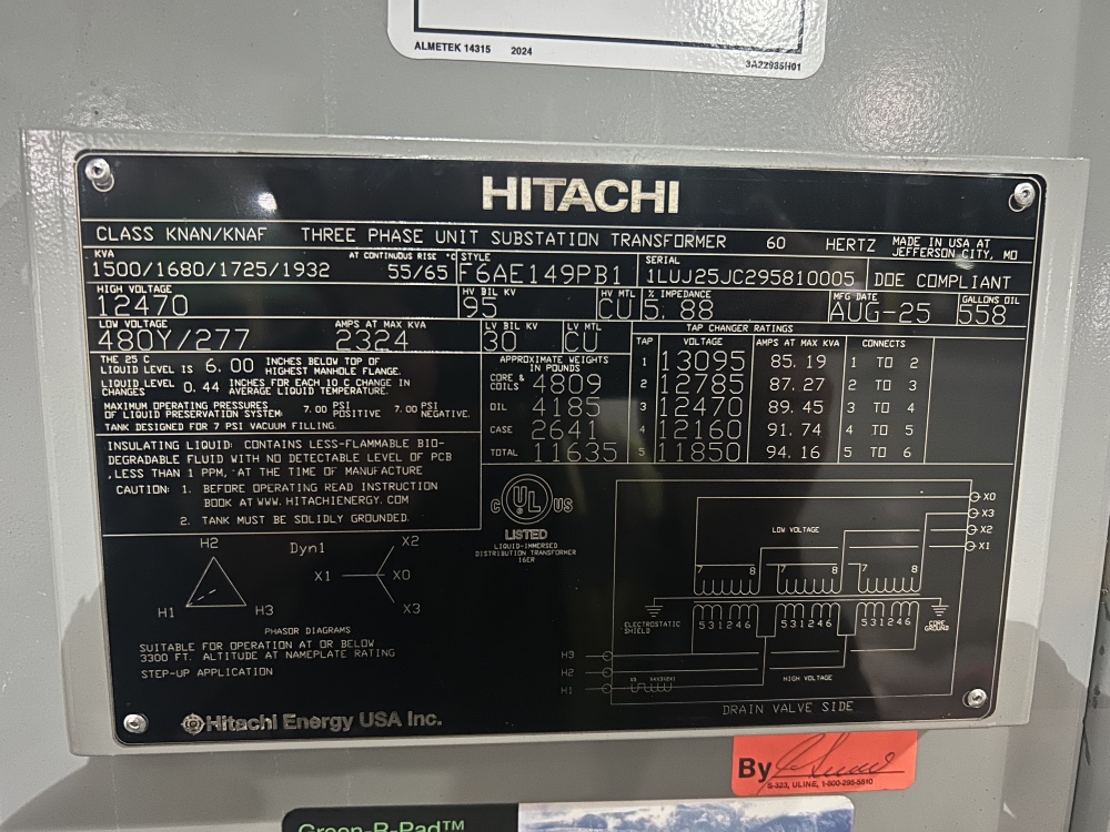 1500 KVA 12470 Primary, 480Y/277 Secondary, Hitachi / Hitachi Substation Oil Transformer, never energized, (6 - Image 3