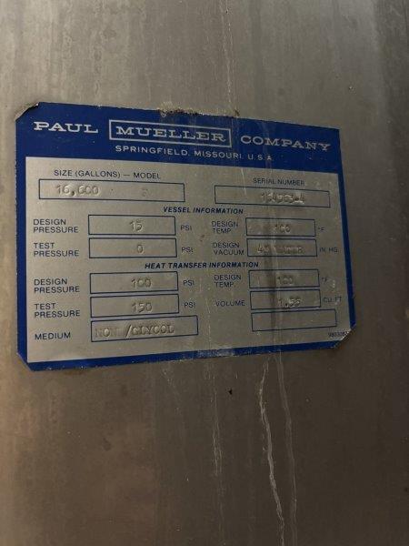 16600 gallon Mueller, Stainless Steel Jacketed Vertical Tank, 121" diameter x 444" height, 15 psi @ 100°F - Image 5