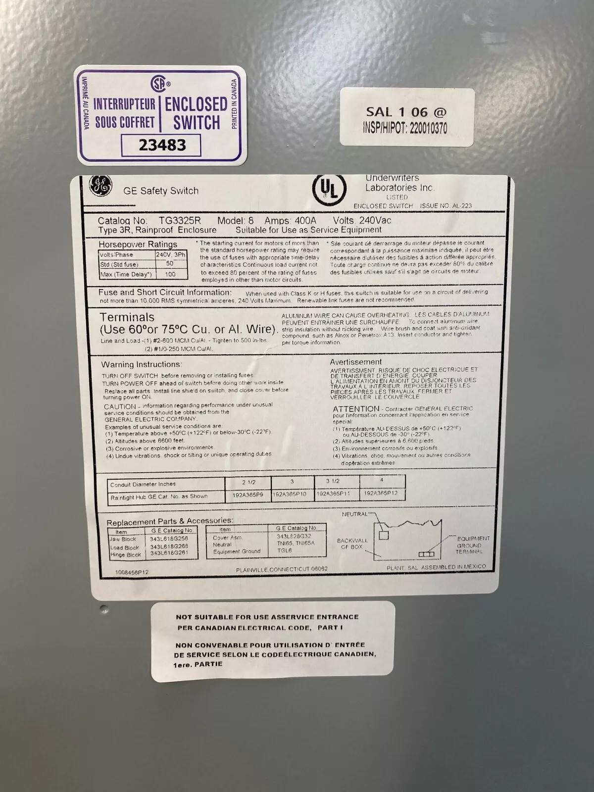 400 Amp. General Electric #TG3325R, Safety Disconnect Switch, 240 Volt - Image 6