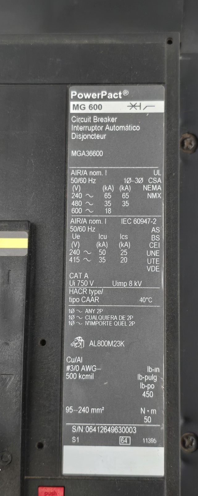 600 Amp, Square D #MGA36600, I-Line Circuit Breaker, 600VAC, 3P, HACR Type - Image 3