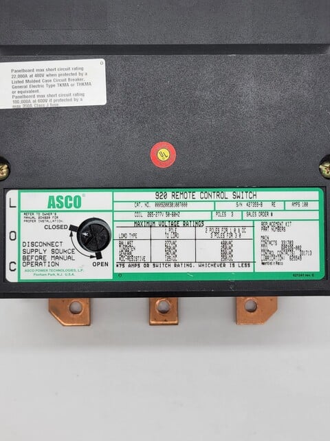 100 Amp, Asco #9200301007000-920, Remote Control Switch, 3P, 265/277 Volts Coil - Image 2