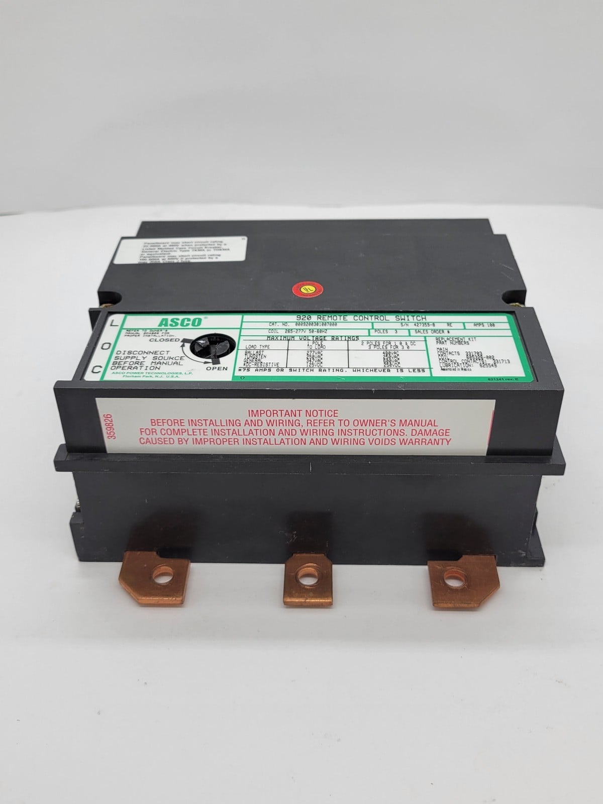 100 Amp, Asco #9200301007000-920, Remote Control Switch, 3P, 265/277 Volts Coil - Image 5