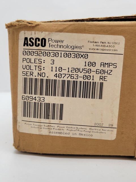 100 Amp. Asco #92003010030X0-920, Remote Control Switch, 3P, 110/120 Volts, unused - Image 2