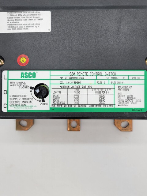 100 Amp. Asco #92003010030X0-920, Remote Control Switch, 3P, 110/120 Volts, unused - Image 3