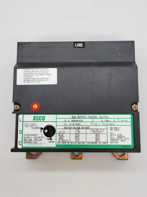 100 Amp. Asco #92003010030X0-920, Remote Control Switch, 3P, 110/120 Volts, unused - Image 5
