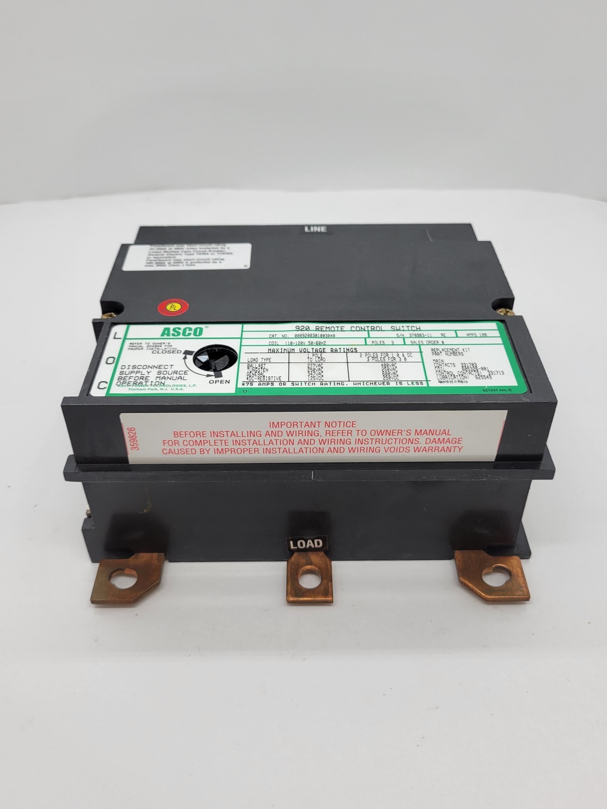 100 Amp. Asco #92003010030X0-920, Remote Control Switch, 3P, 110/120 Volts, unused - Image 6