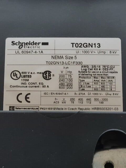 270 Amp. Schneider Electric #T02GN13, Contactor Starter, 3P, Size 5, 120 Volts Coil, 200 HP - Image 4
