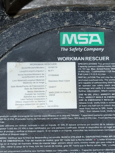 MSA #10158178, Workman Rescuer, 50' L, Stainless Steel Cable - Image 2