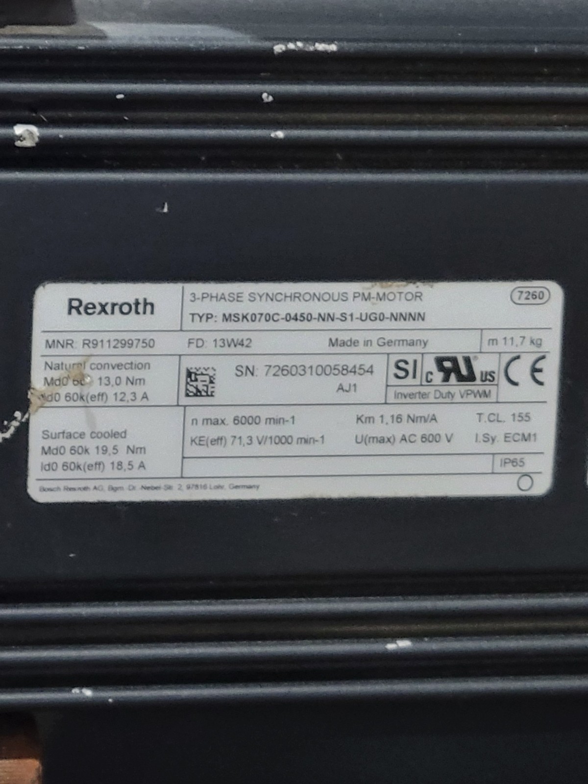 Rexroth #MSK070C-0450-NN-S1-UG0-NNNN, Synchronous PM Motor, 600 Volts, 3PH - Image 2