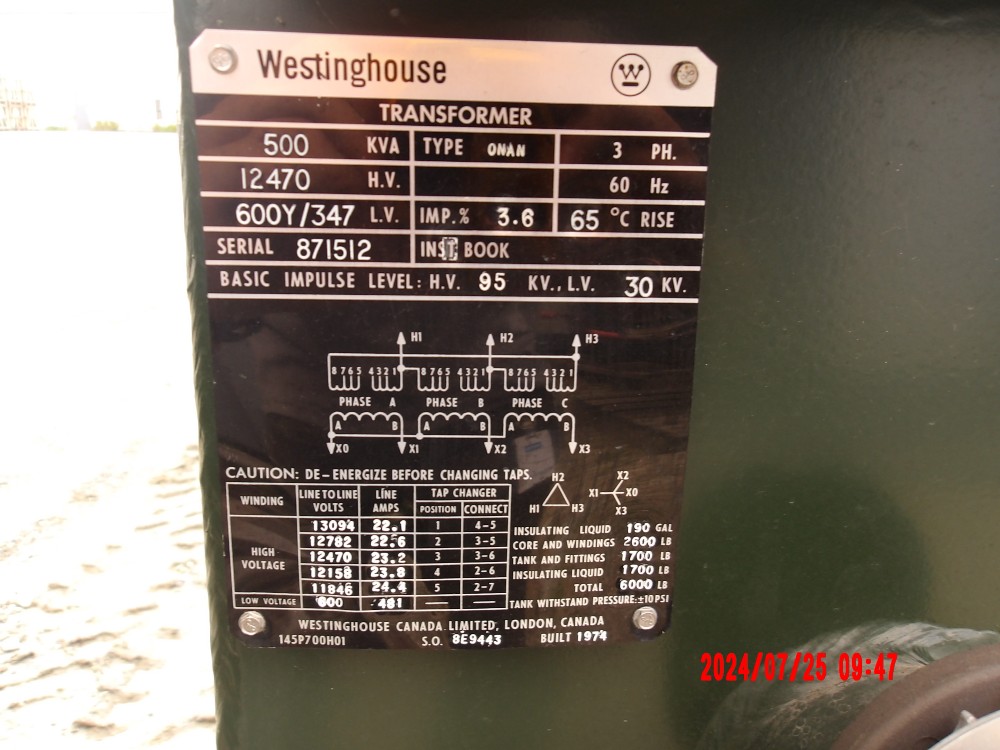500 KVA 12470 Delta Primary, 600Y Secondary, Station - Image 4