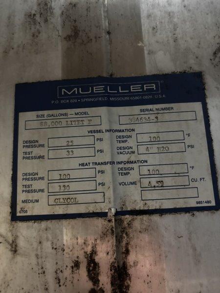 23,000 gallon Mueller, Stainless Steel Jacketed Vertical Tank, 150" diameter x 444" height, 25 psi @ 100°F - Image 2
