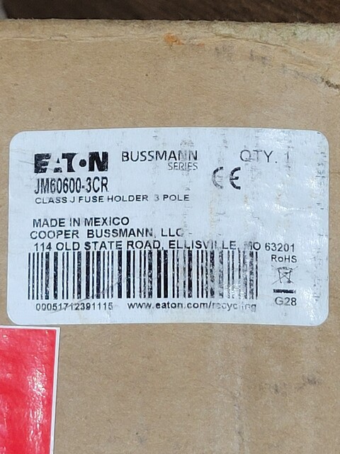 Eaton #JM60600-3CR, Modular Fuse Holder Block, 3P, 600 Volts, Class J, unused - Image 2