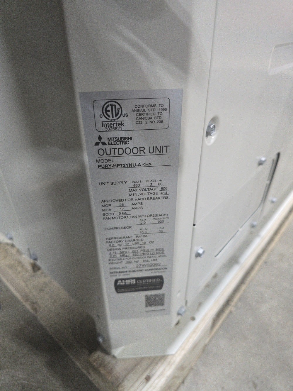 6 Ton, Mitsubishi #PURY-HP72YNU-A, 72000 BTU, outdoor unit, VRF, heat pump, 460 V., 3-phase, R-410A, new - Image 5