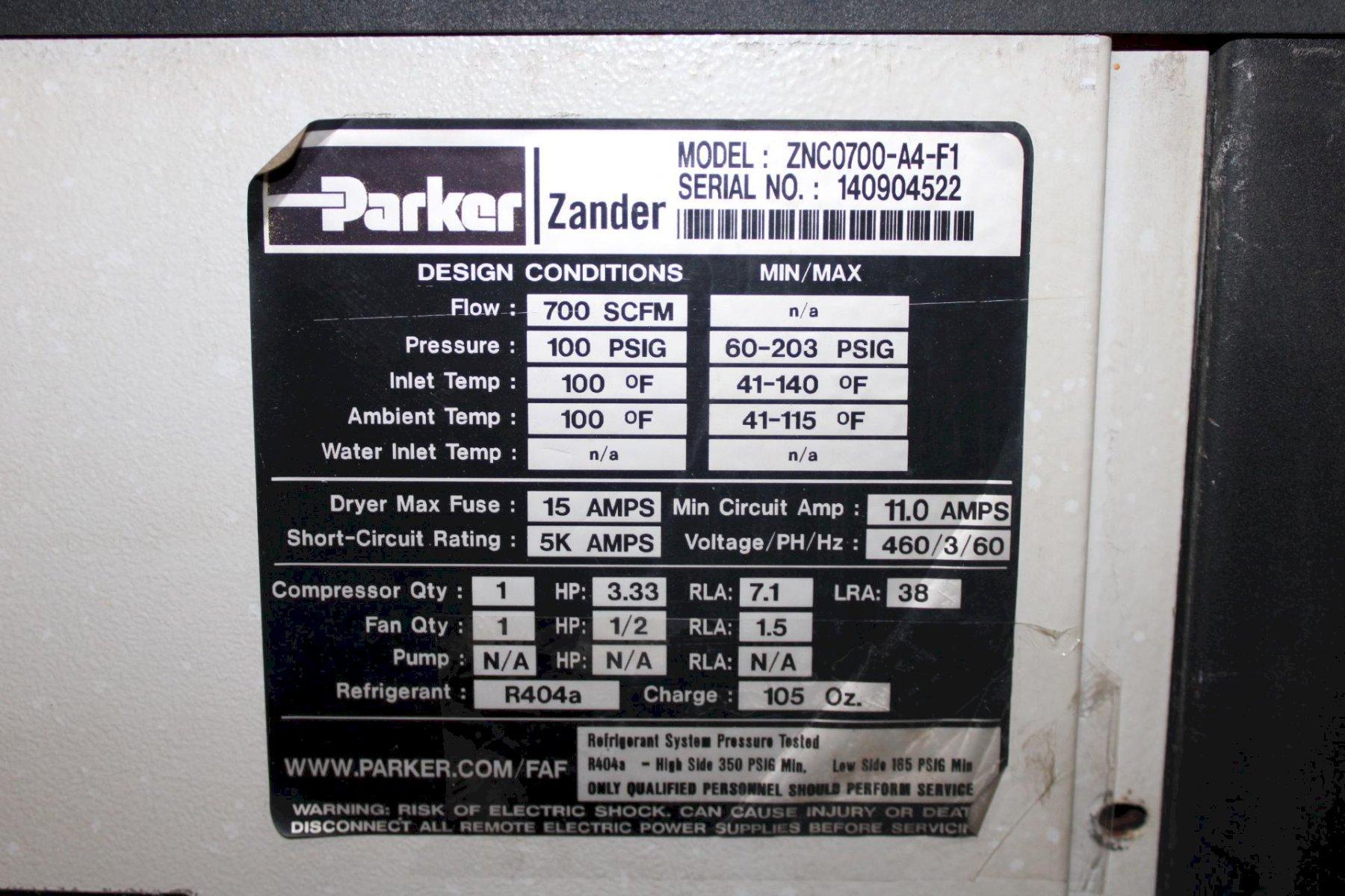 700 cfm, 100&deg;F, 100 psig, Parker Zander, refr. dryer air compressor, R 404 refrigerant - Image 8