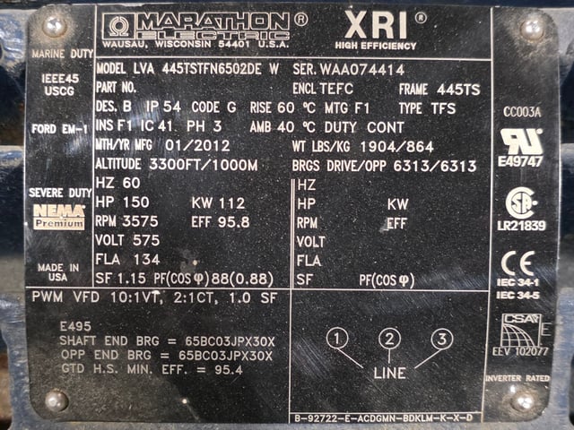 150 HP 3600 RPM Marathon, Frame 445TS, TEFC BB, 575 Volts, New Surplus - Image 3