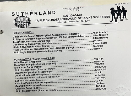 300 Ton, Sutherland #HD300, Hydraulic Press, 59" width x 122" L Bed, 30" Stroke, 48" Daylight, 15 IPM, 100 - Image 5