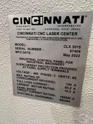 Cincinnati #CLX-3015, Laser Cutter, 63" width x 123" L Sheet Size, 10 kW Power, 2022 - Image 5