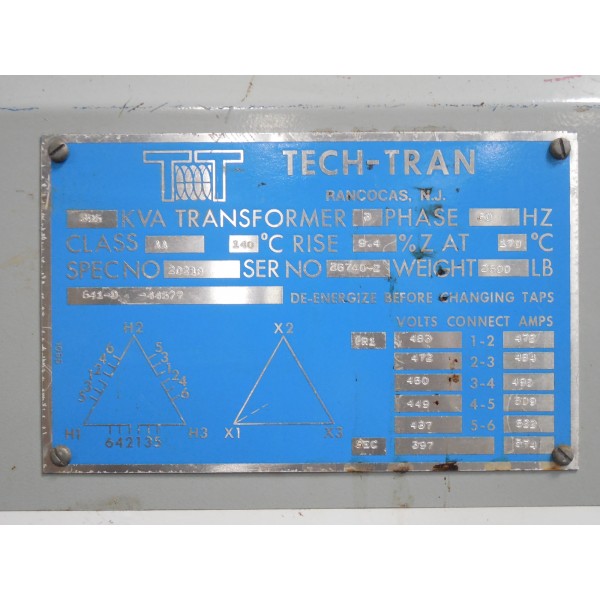 395 KVA 483/437 Delta Primary, 397 Delta Secondary, Dry type transformer, tested, used - Image 4