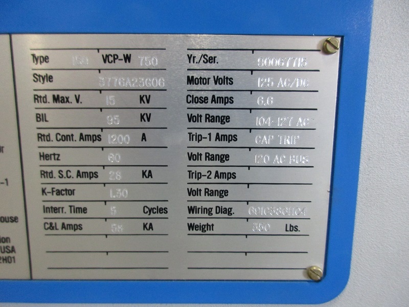 1200 Amps, Westinghouse, 150vcp-w-750, 125 VAC/DC S.C 28KA - Image 2