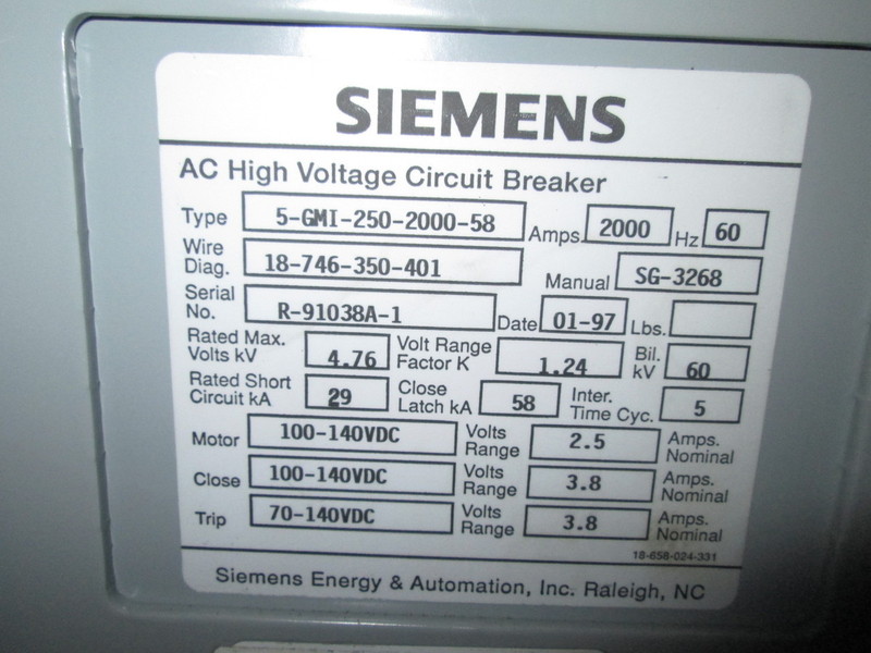 2000 Amps, Siemens, -5-gmi- 250-2000-58, 4.76KV, 100-140 VDC - Image 2