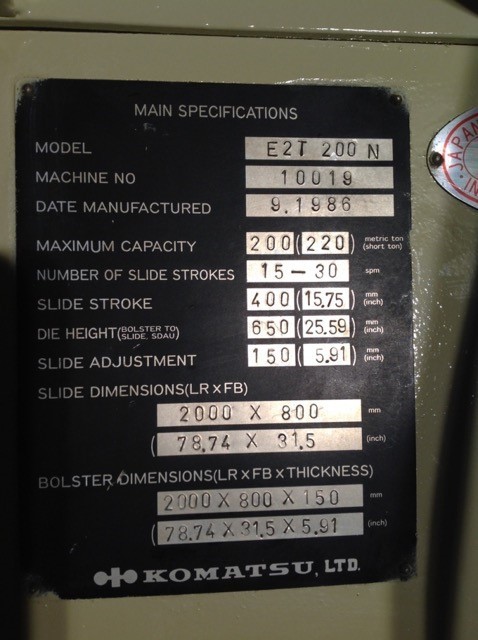 220 Ton, Komatsu #E2T-200N, Eccentric Gear 2 Pt Stainless Steel Press, 15" stroke, 17.72" die height, air - Image 8