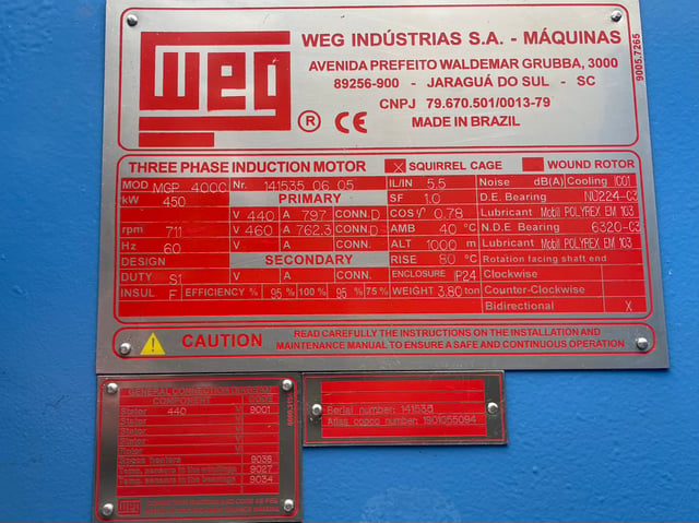 600 HP 720 RPM Weg, Frame 400C, WPIIBB, 460 Volts, New Surplus - Image 3