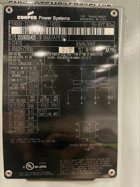 14 MVA 12470 Primary, 4160Y/2400 Secondary, Cooper transformer, brand new - Image 3