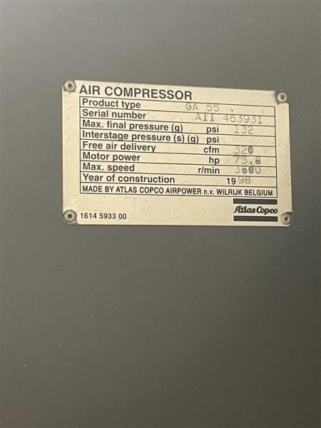267 cfm, 125 psi, Atlas Copco #GA-55, Rotary Screw Air Compressor, 75 HP, 1755 RPM, Elektronikon operator - Image 4
