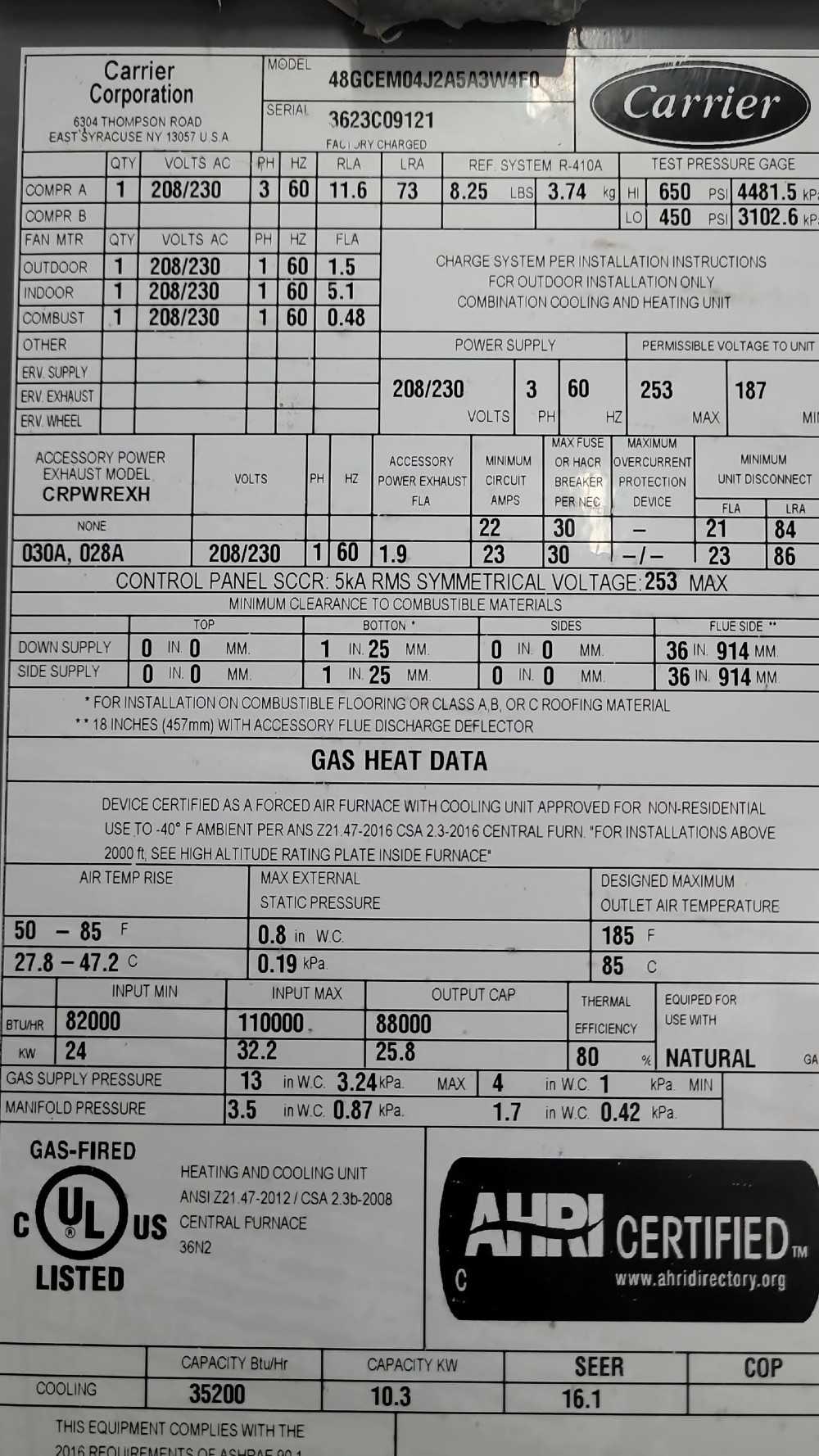 3 Ton, Carrier #48GCEM04J2A5A3W4FO Weathermaster, RTU Package Unit 208/230 V. 3Ph R410A GasPak, new - Image 5