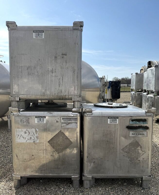 345 gallon Clawson, Stainless Steel liquid totes, 2" outlet, 403 lb. each, (3 available) - Image 1